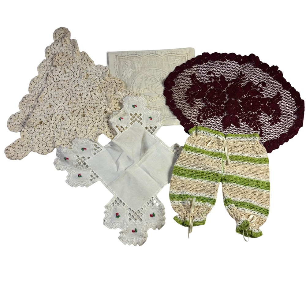 Vintage Crochet Lace Doilies Set and Hand Embroidered Hanky‎ with Baby Pants